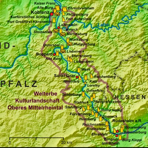 Flusskarte von Main und Rhein mit Entfernungen